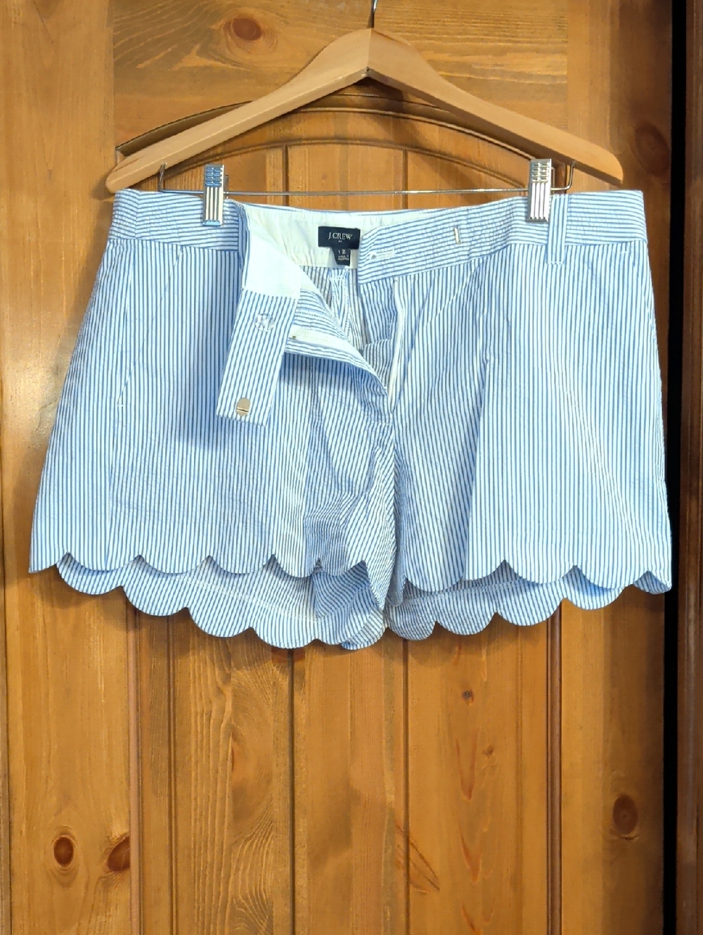 J. Crew Light Blue & White Pinstripe Scalloped Hem Shorts